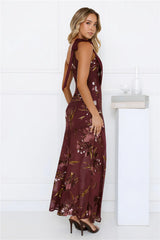 Opulent Bloom One Shoulder Maxi Dress Burgundy