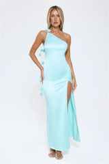 Romance Redefined One Shoulder Satin Maxi Dress Aqua