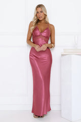 Satin Lace Twist Front Crisscross Maxi Dress Berry
