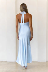 Shimmer Crystal Satin Halter Maxi Dress Blue
