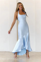 Shimmer Crystal Satin Halter Maxi Dress Blue