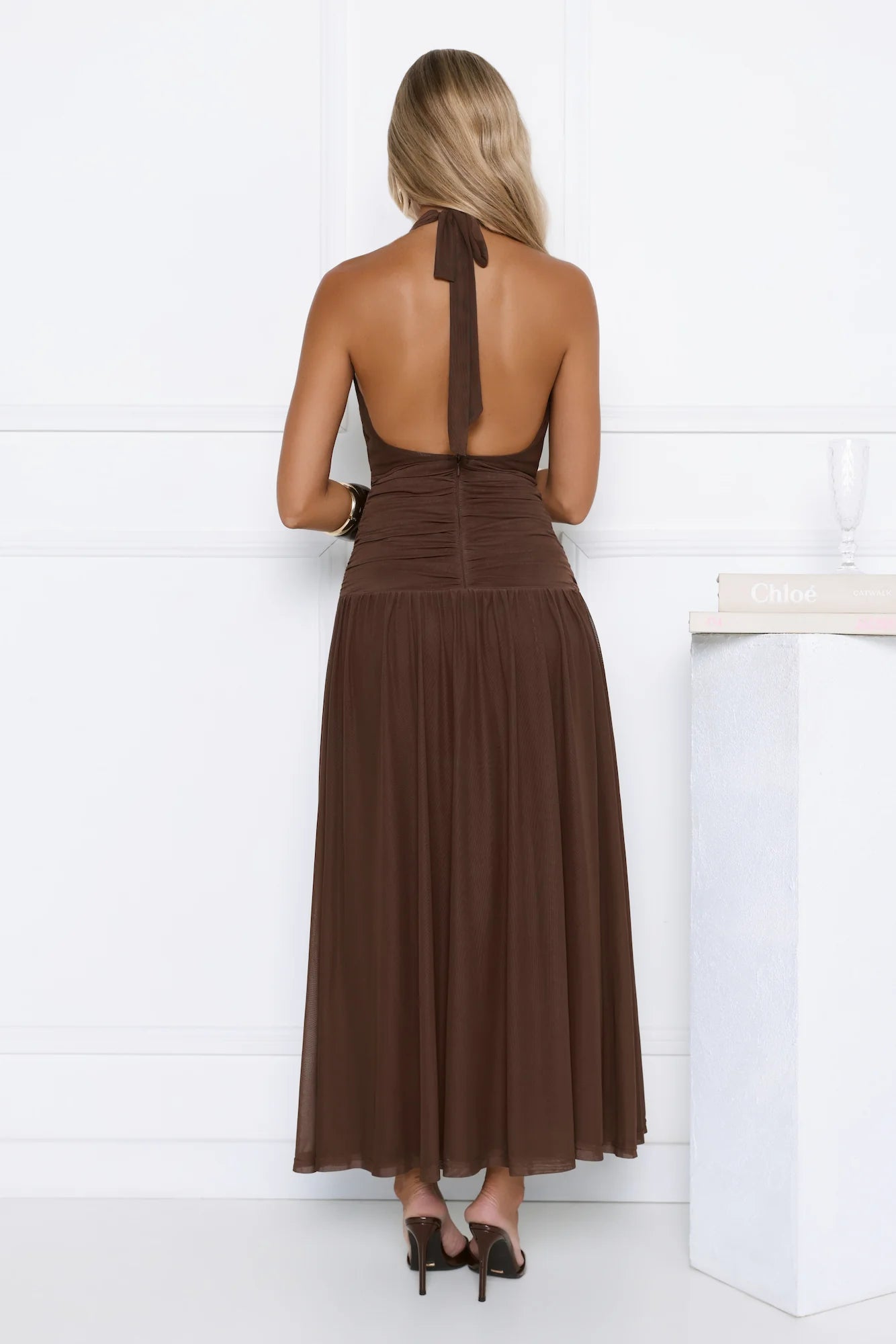 Whispered Promises Halter Mesh Maxi Dress Brown