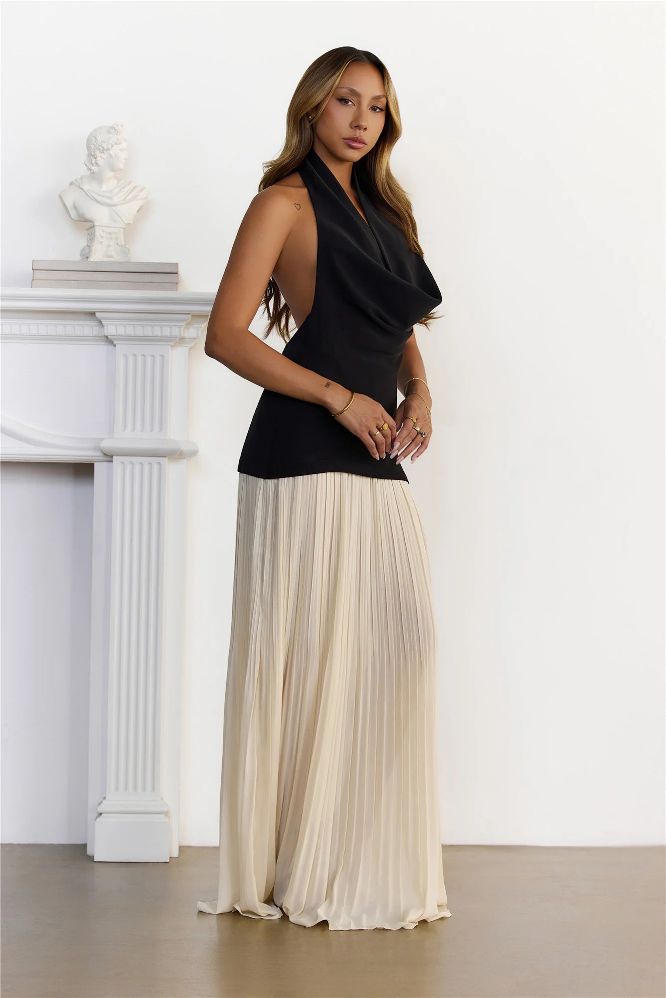 Luxe Behaviour Cowl Neck Halter Maxi Dress Black