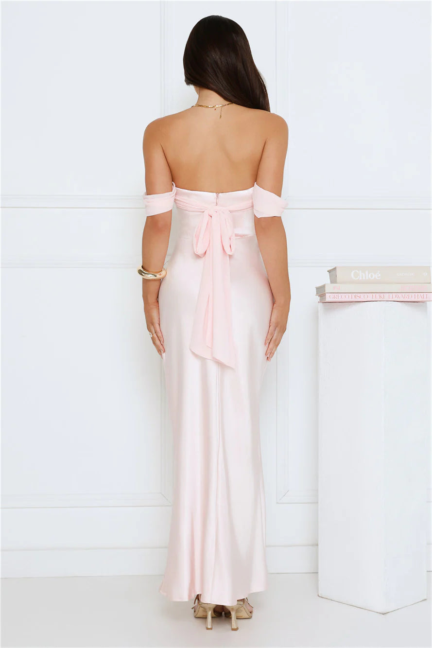 Hot Girl Diaries Off Shoulder Satin Maxi Dress Pink