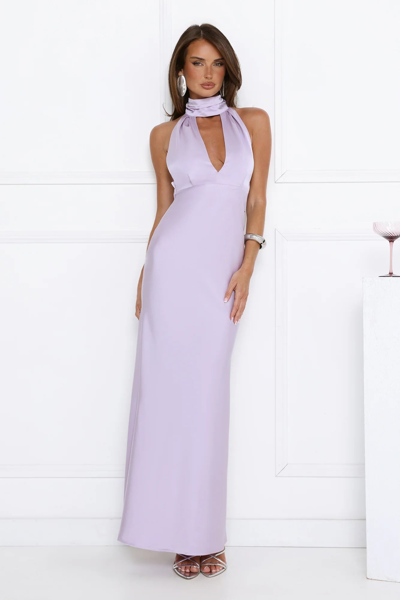 Summer Flame Kiss Halter Satin Maxi Dress Lilac