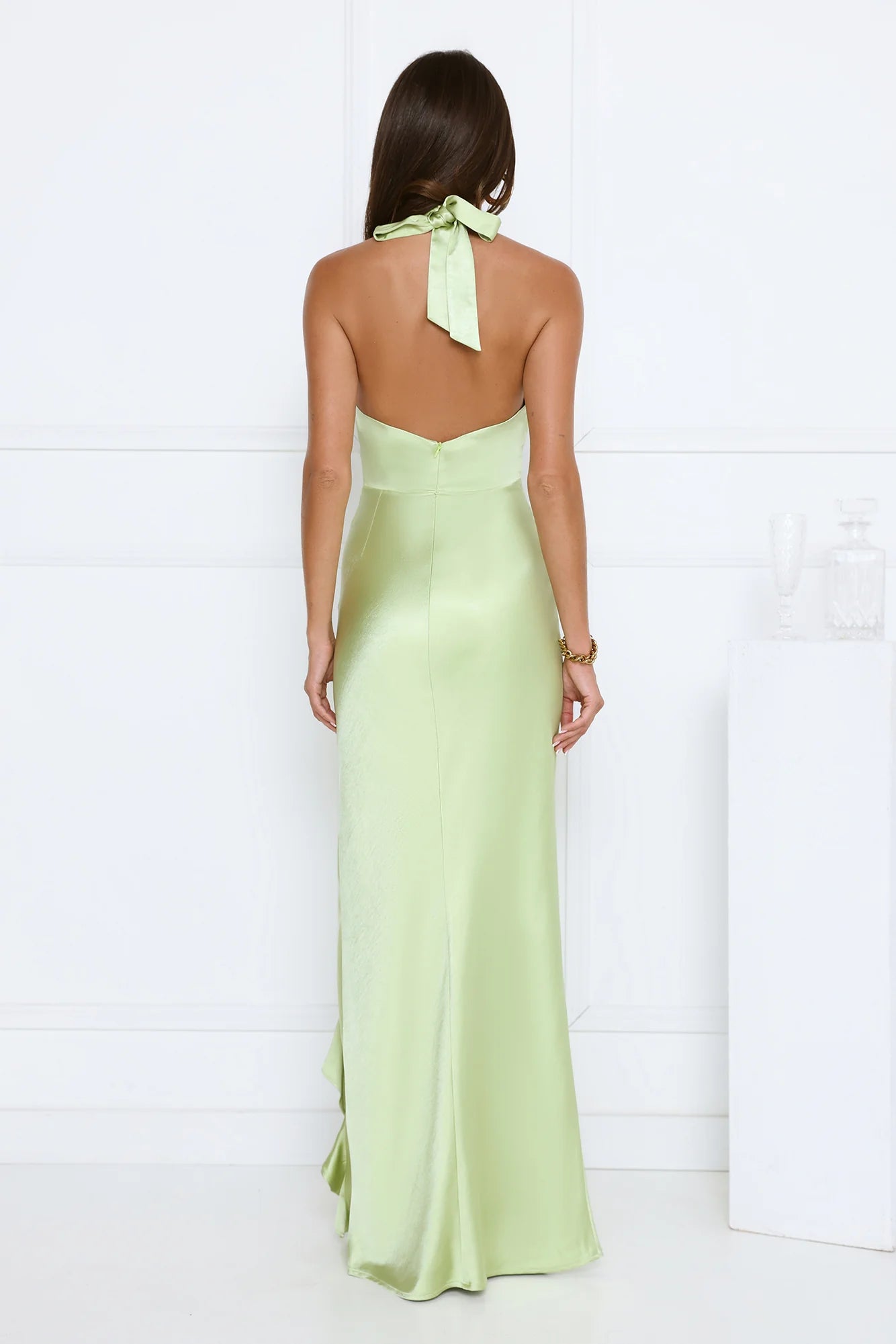 Satin Whirl Halter Maxi Dress Green