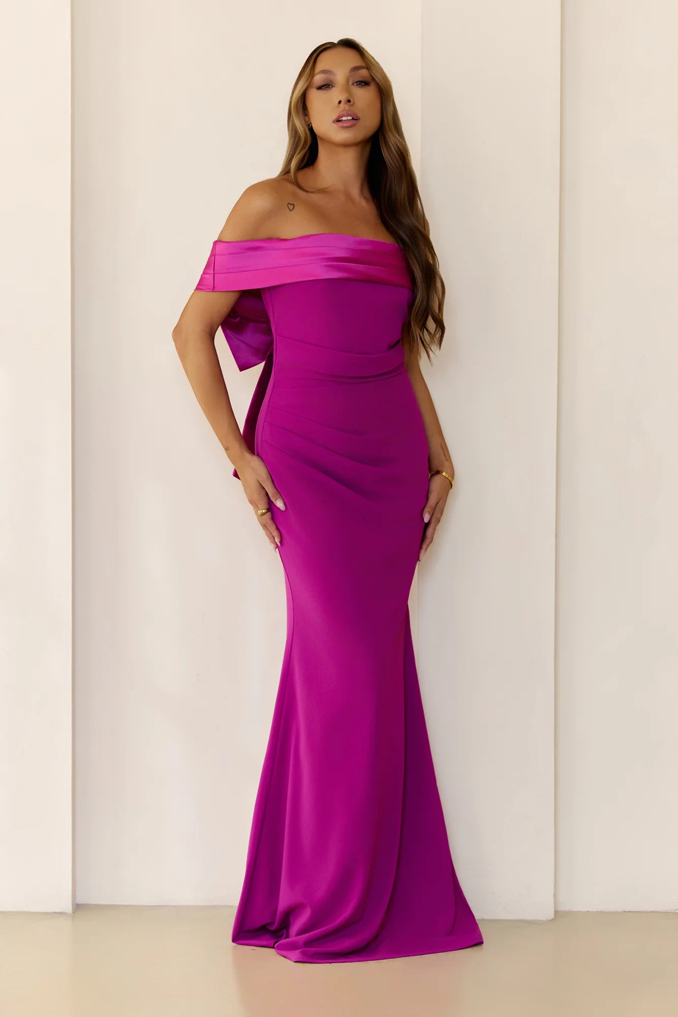 The Sleek Soir茅e Off Shoulder Maxi Dress Plum