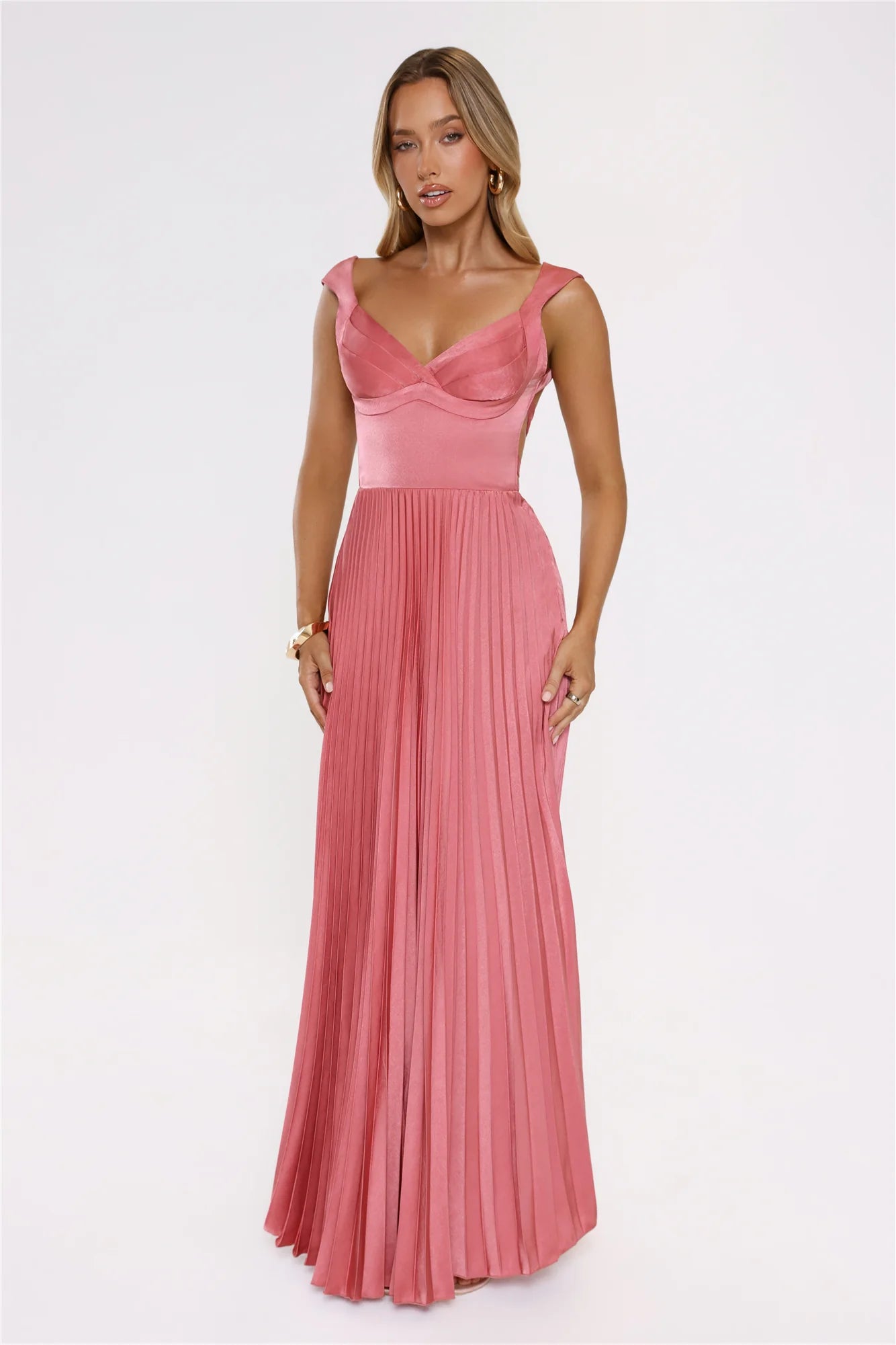 Satin Glow Pleated Maxi Dress Rose