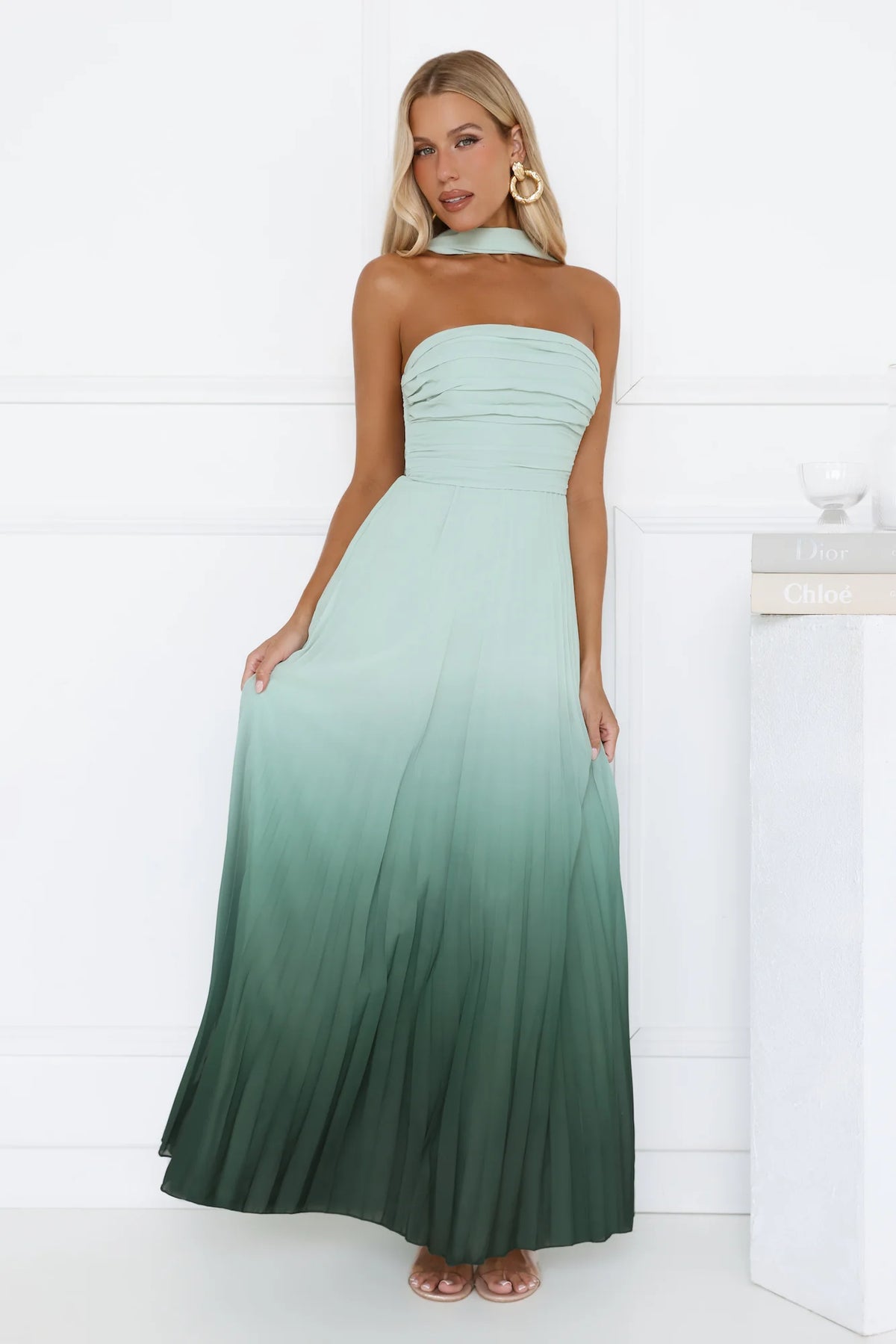 Goddess Ombre Pleated Maxi Dress Green