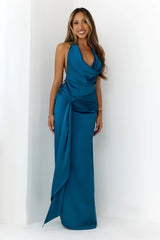 In Elegance Satin Halter Maxi Dress Teal