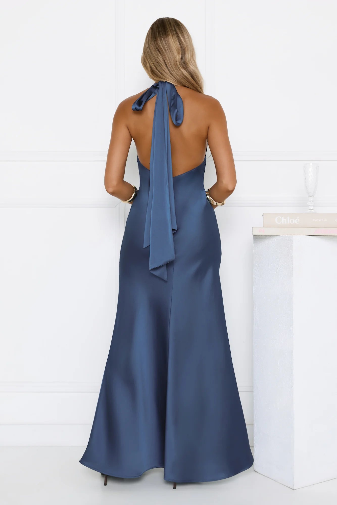 Glitz Gathering Halter Satin Maxi Dress Navy