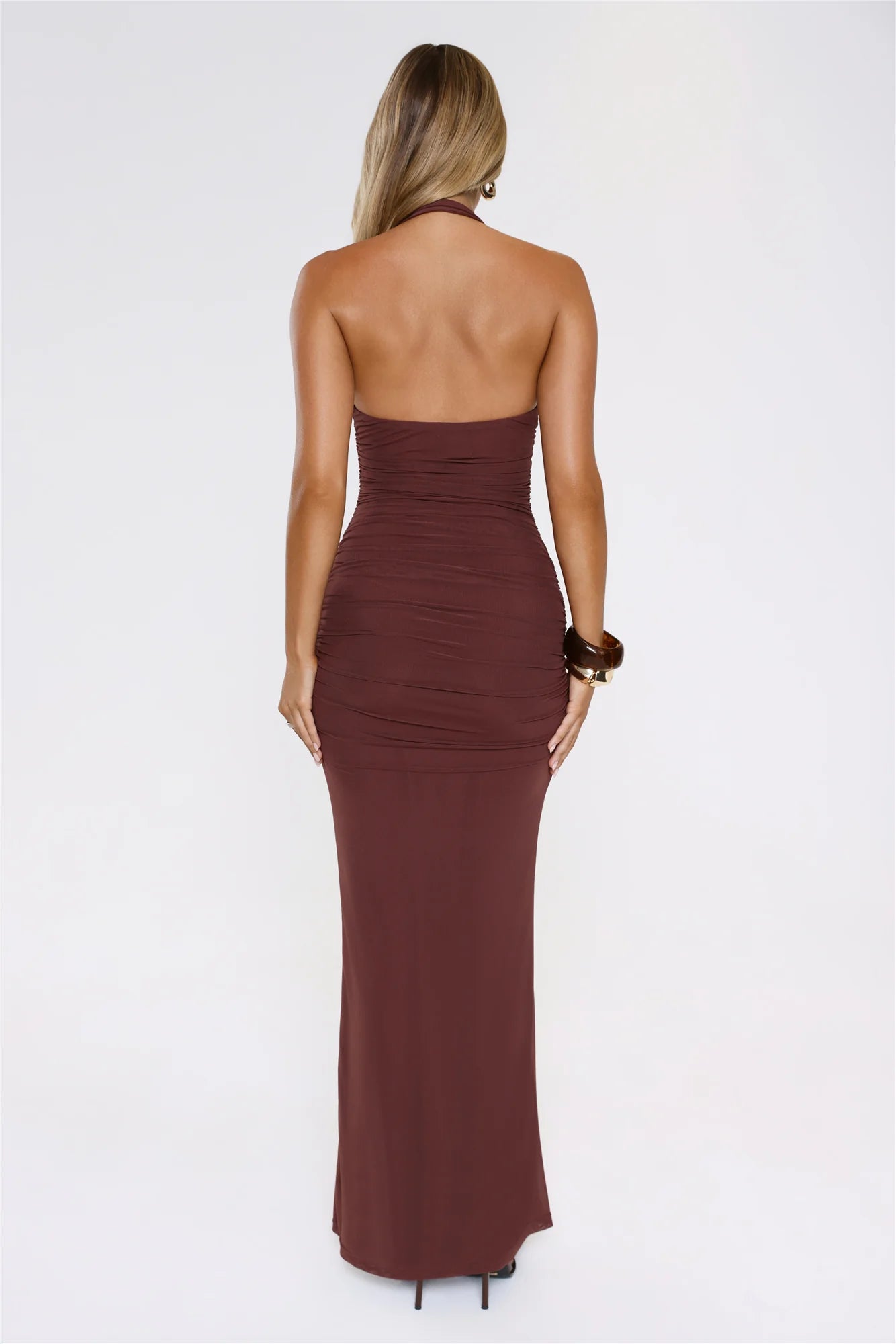 Sultry Ruched Halter Maxi Dress Chocolate