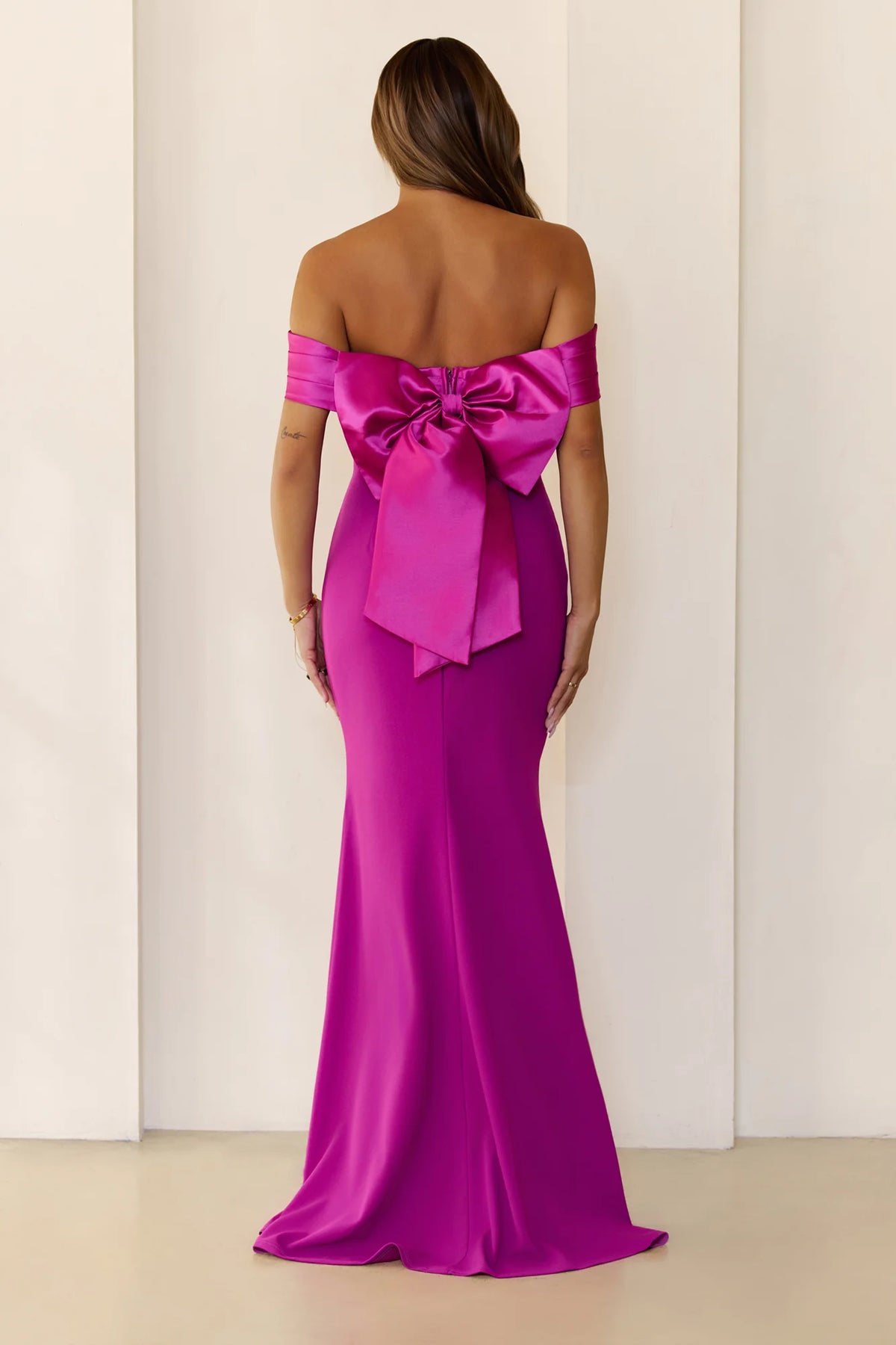 The Sleek Soir茅e Off Shoulder Maxi Dress Plum