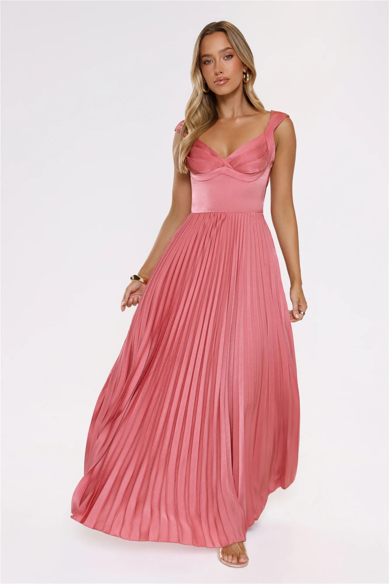 Satin Glow Pleated Maxi Dress Rose