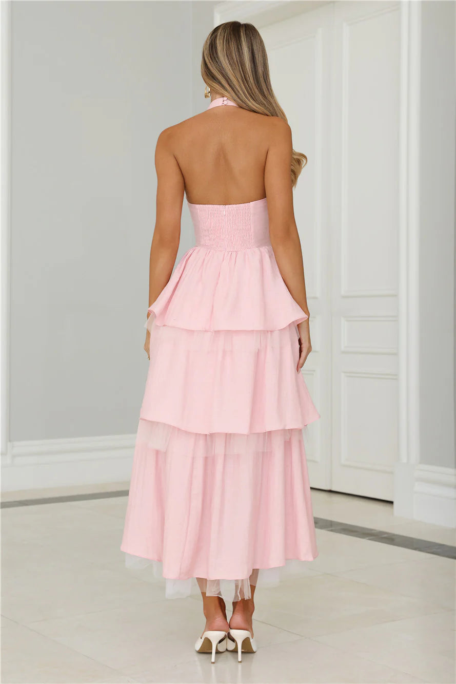 Twinkle Into Night Tulle Halter Maxi Dress Pink