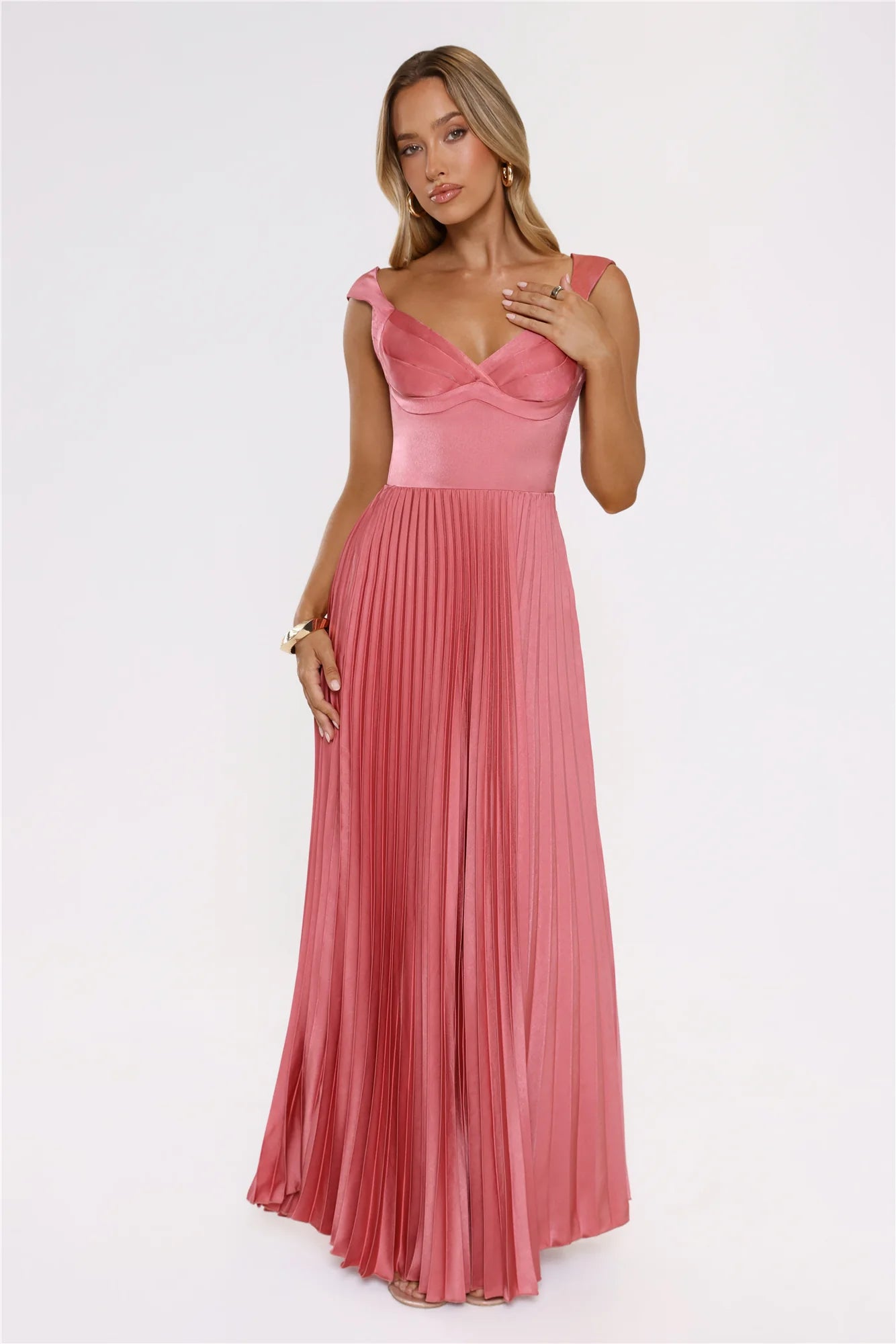 Satin Glow Pleated Maxi Dress Rose