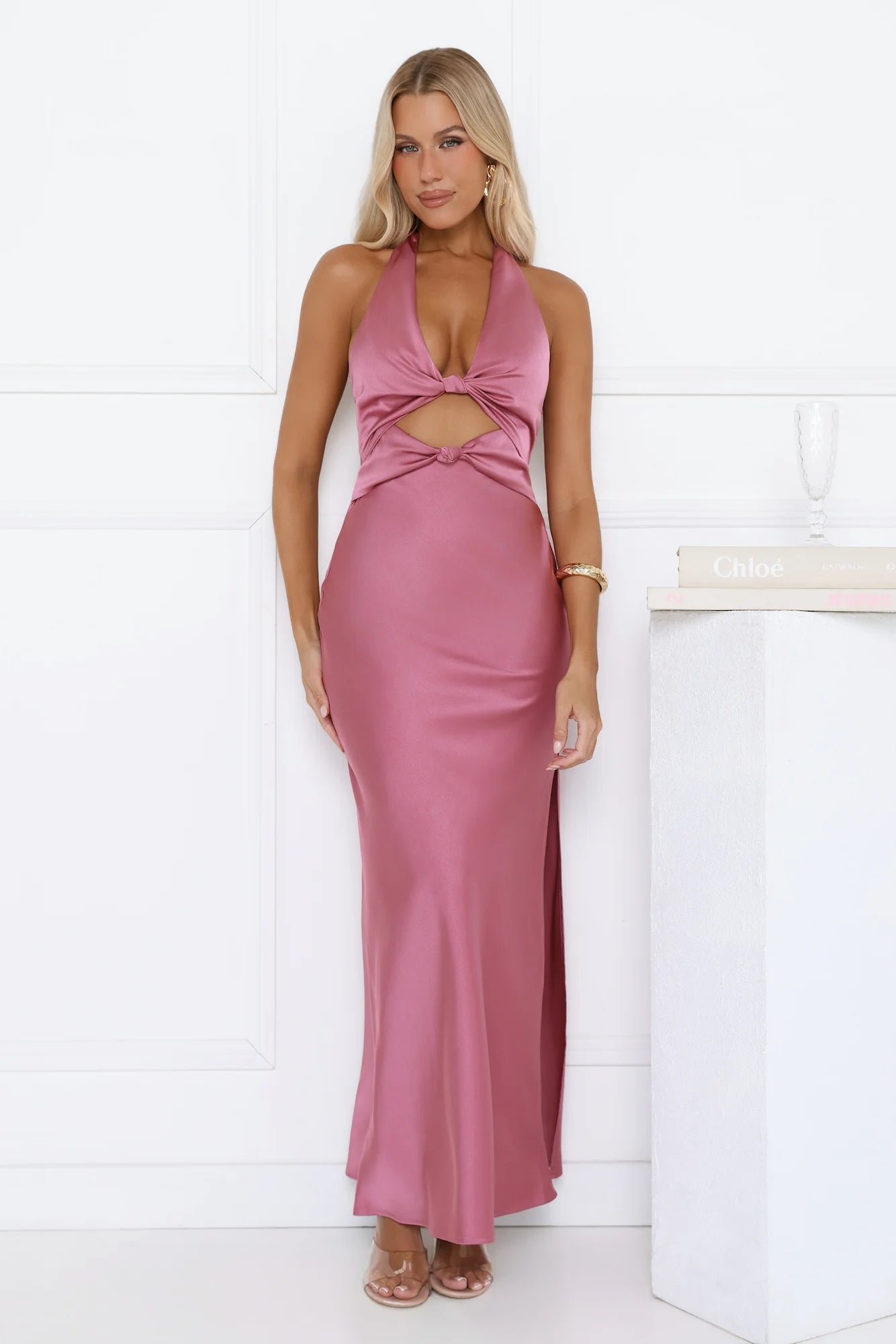 Polished Perspective Halter Satin Maxi Dress Pink