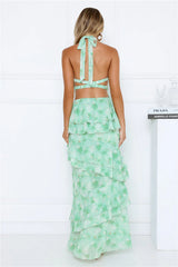 Summer Haze Floral Print Halter Maxi Dress Green