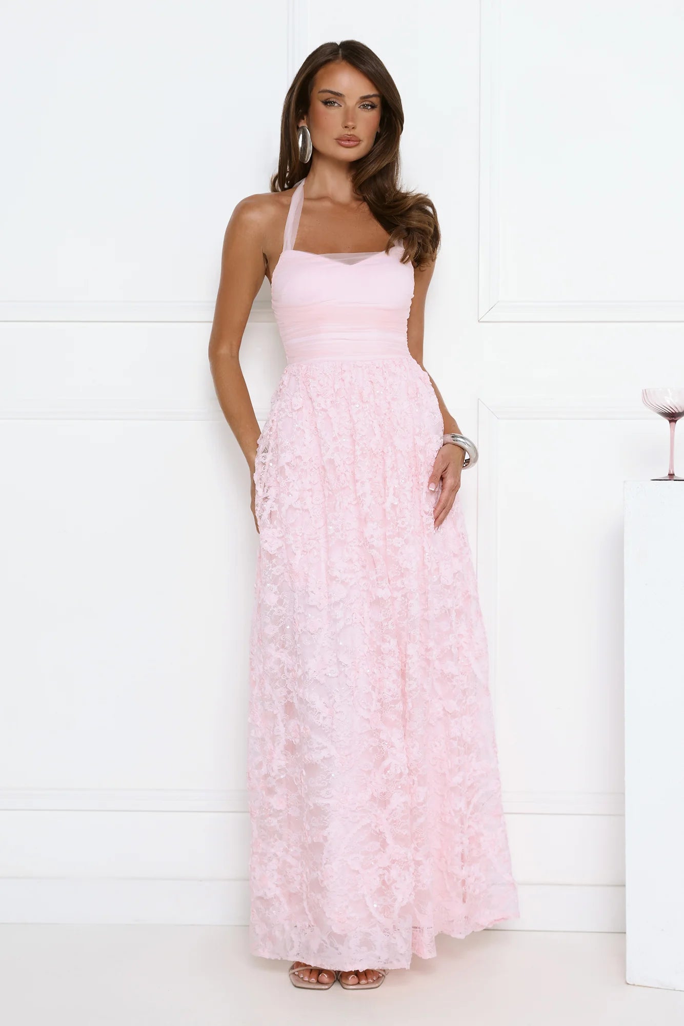 Magnetic Luxe Halter Maxi Dress Pink