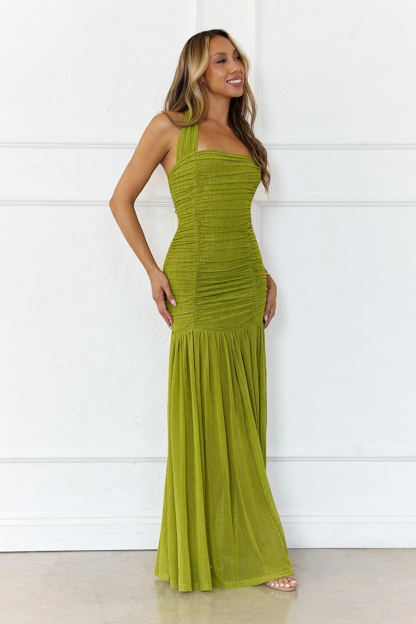 Evelyn Luxe Mesh Halter Maxi Dress Olive