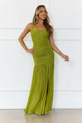 Evelyn Luxe Mesh Halter Maxi Dress Olive