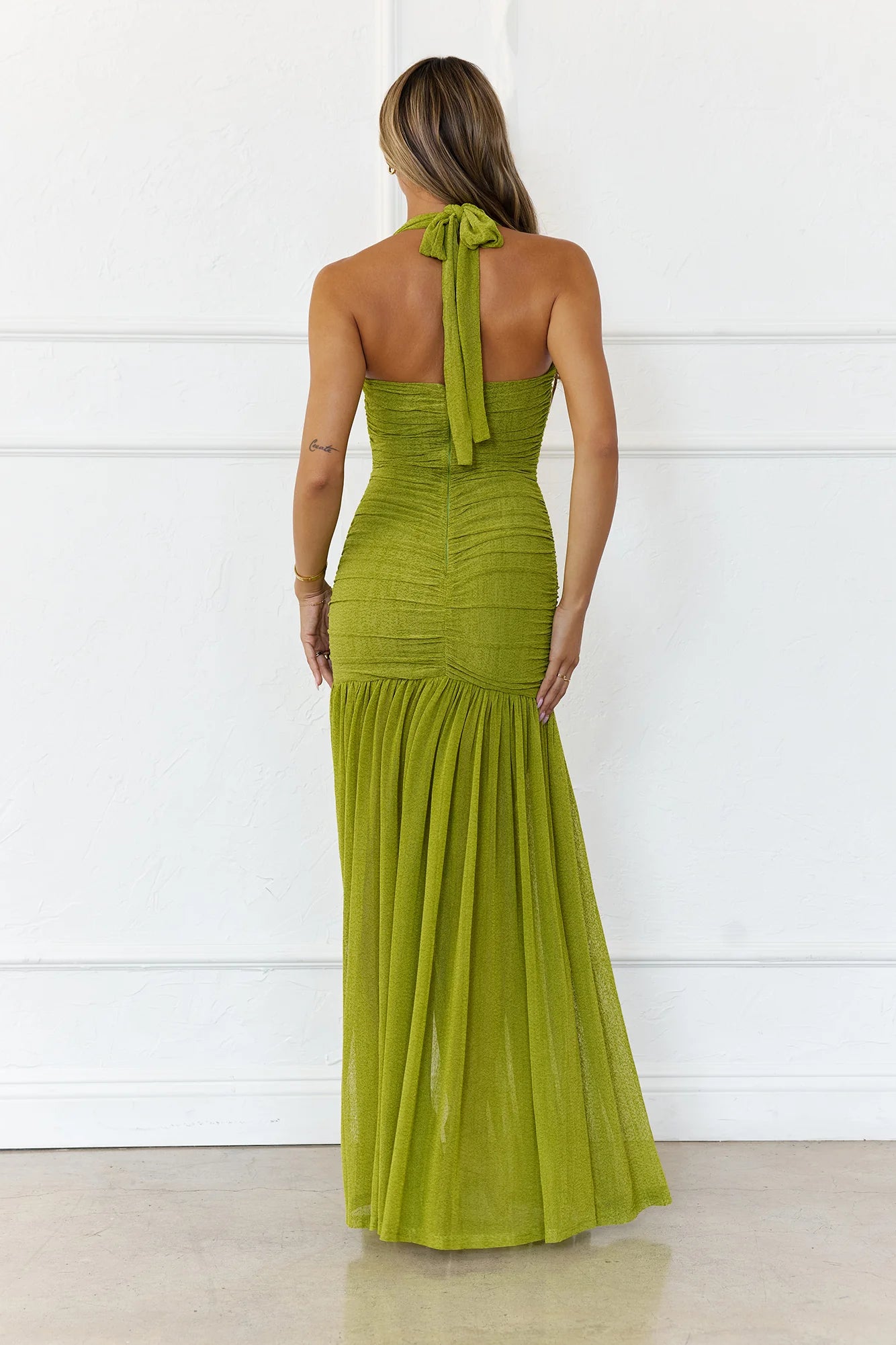 Evelyn Luxe Mesh Halter Maxi Dress Olive