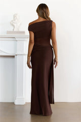 Sleek Off Shoulder Sheer Maxi Dress Chocolate