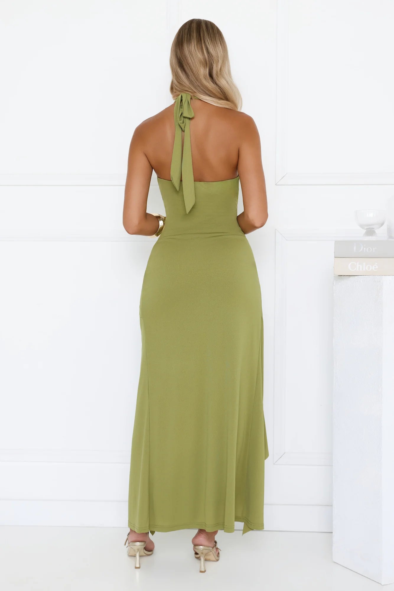 Modern Muse Halter Ruched Maxi Dress Olive Green