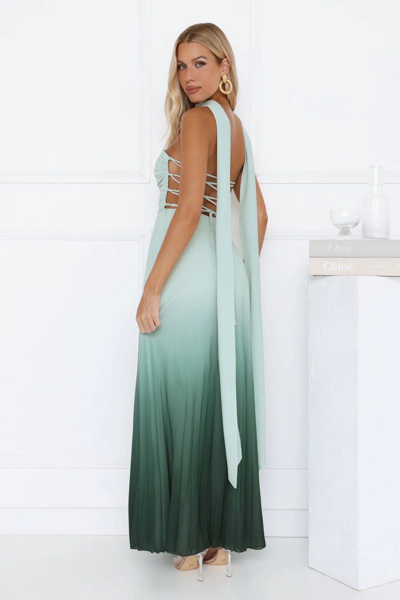 Goddess Ombre Pleated Maxi Dress Green