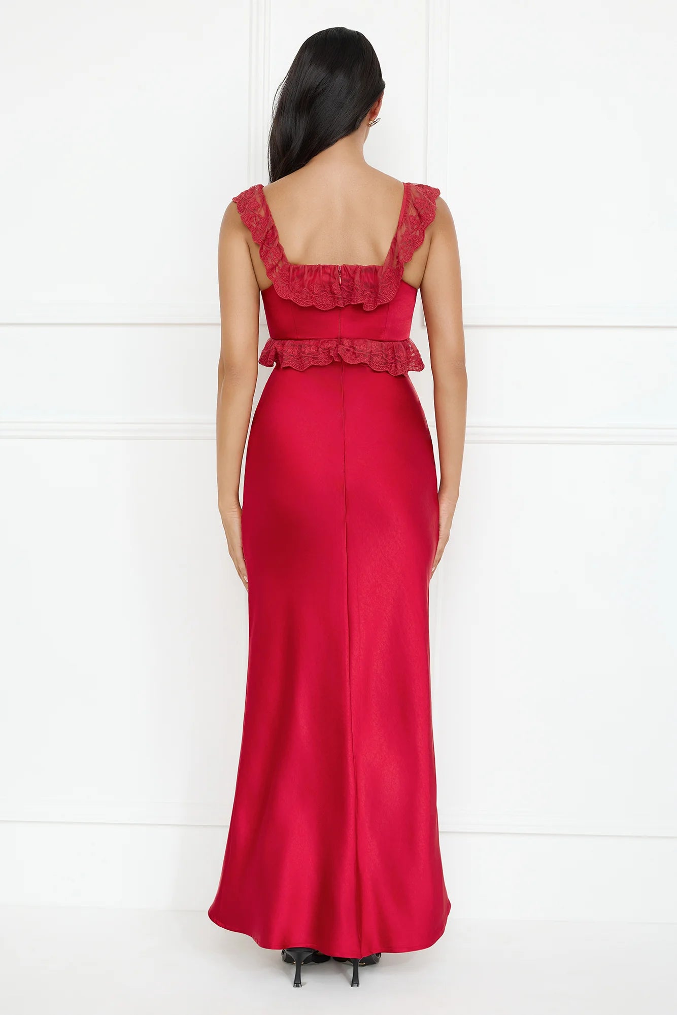 Waltzing In Romance Satin Maxi Dress Red