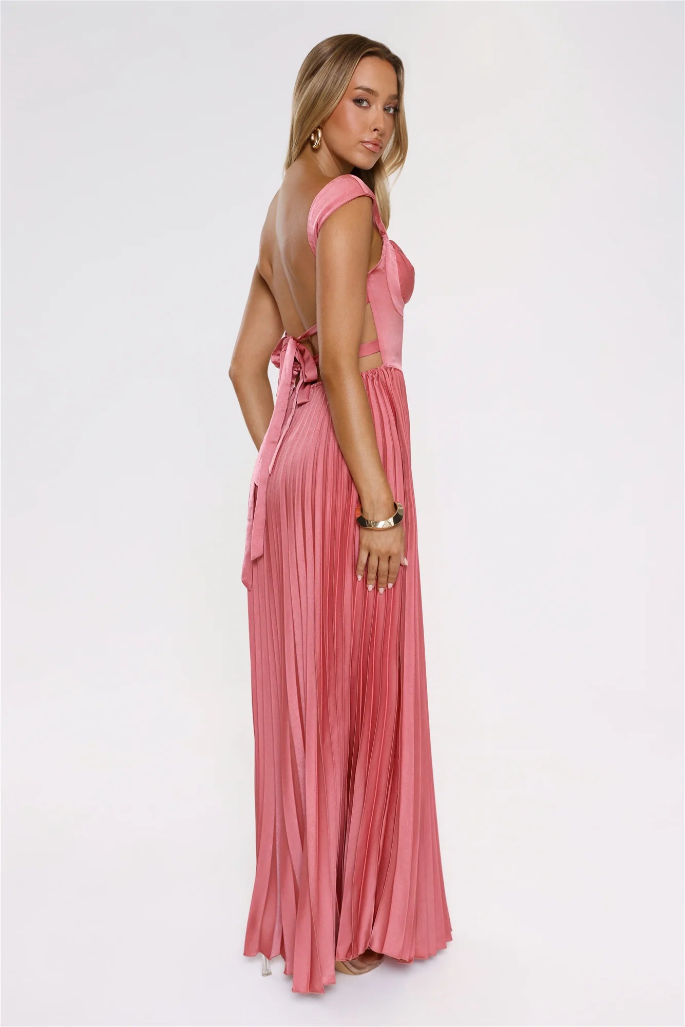 Satin Glow Pleated Maxi Dress Rose