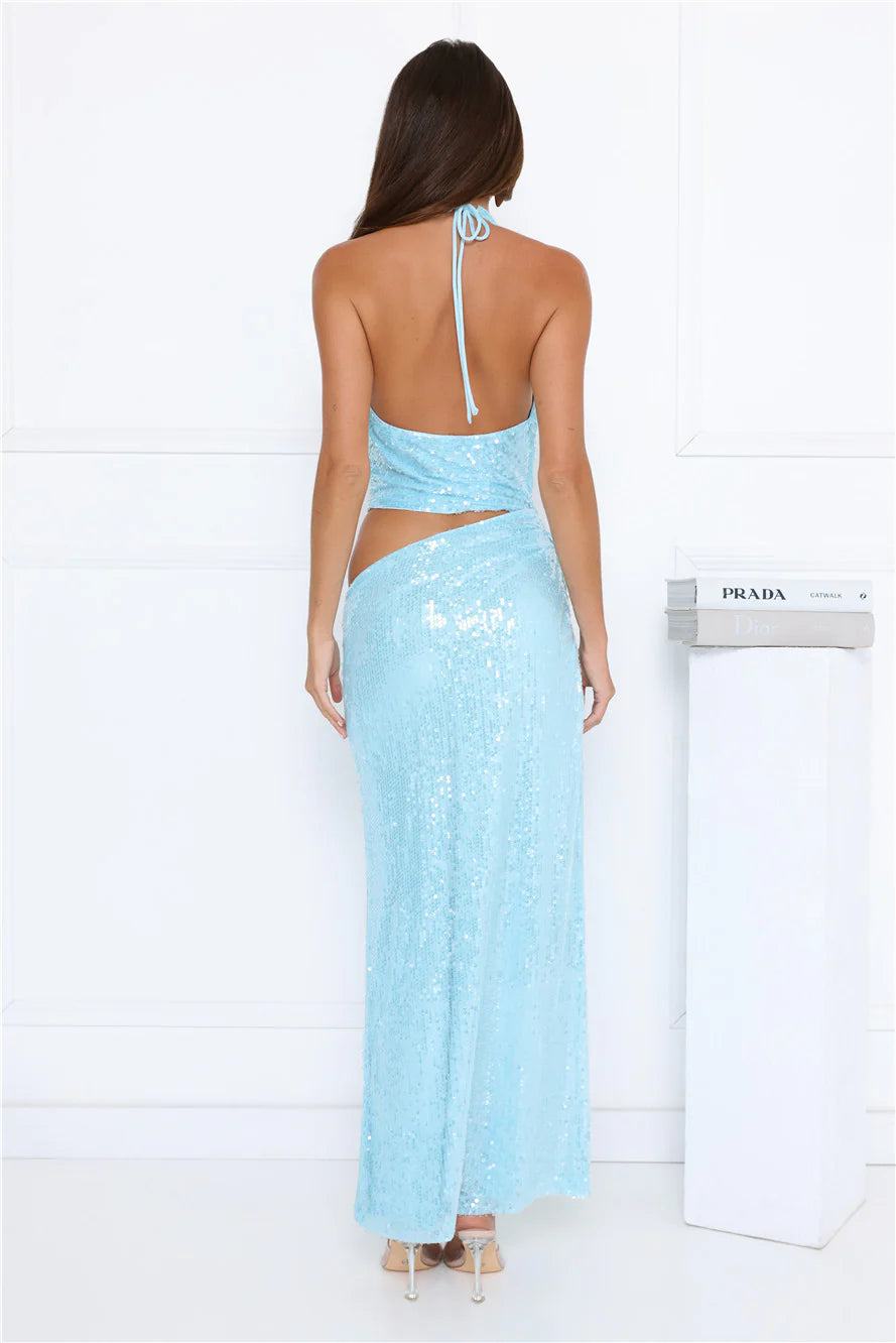 Twinkle Temptation Halter Sequin Maxi Dress Blue