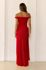Sleek Off Shoulder Sheer Maxi Dress Red