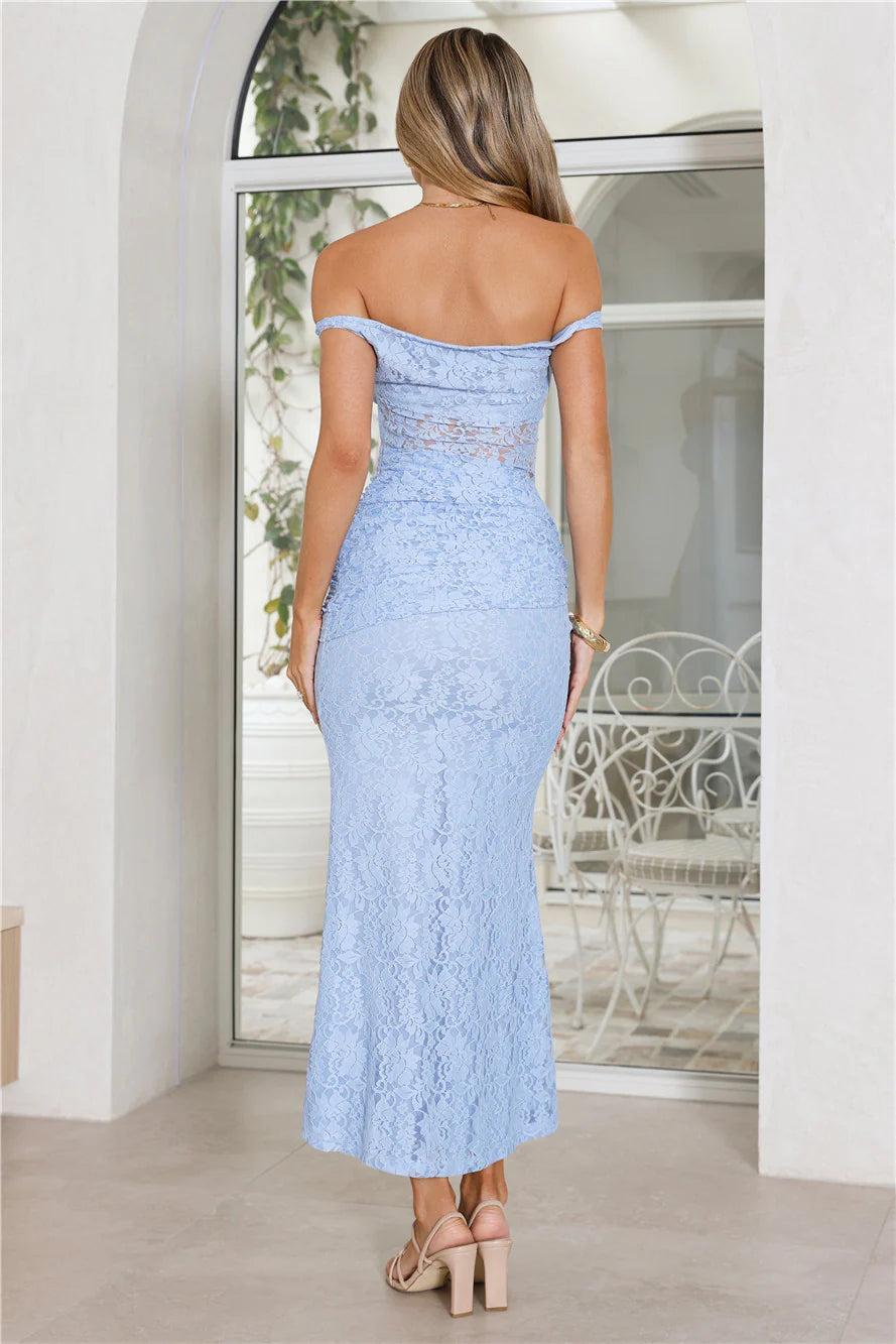 Wink Hour Lace Off Shoulder Maxi Dress Blue