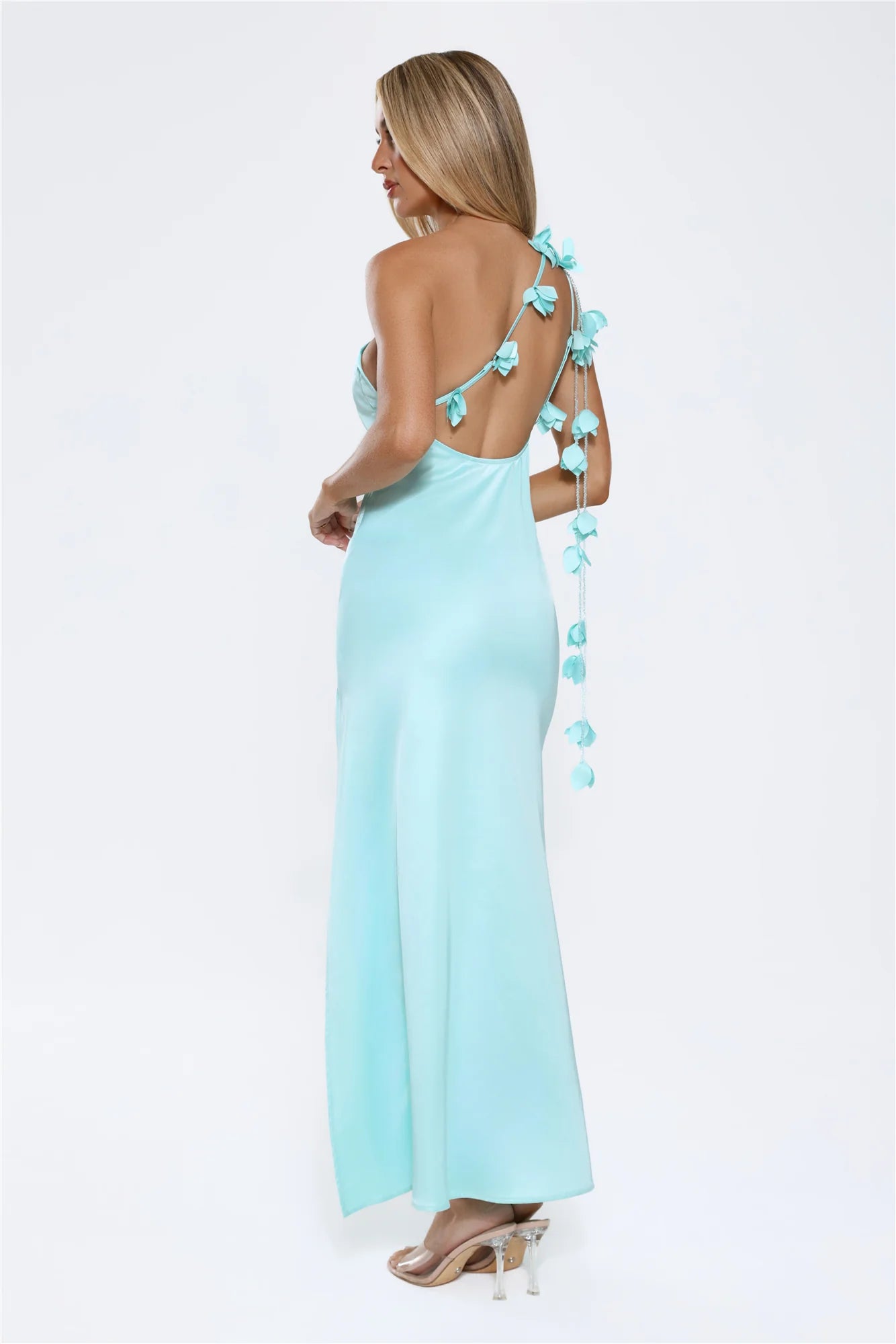 Romance Redefined One Shoulder Satin Maxi Dress Aqua
