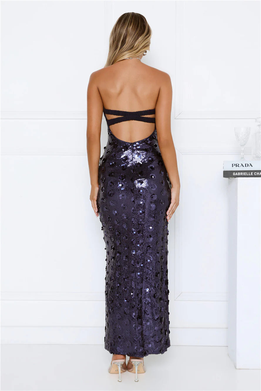 Shimmer Shine Sequin Strapless Maxi Dress Navy