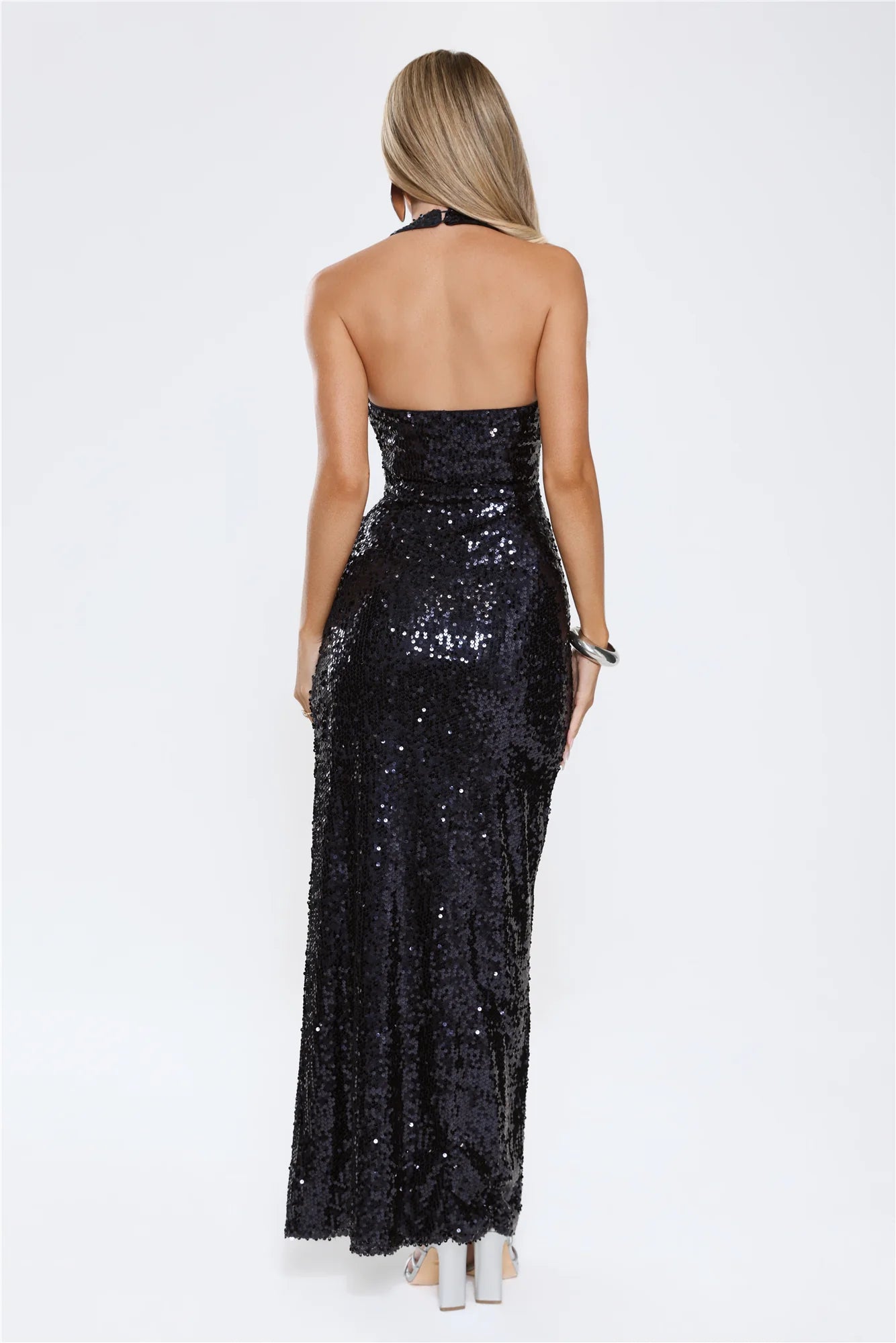 Sparked Up Sequin Halter Maxi Dress Navy